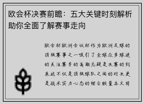 欧会杯决赛前瞻：五大关键时刻解析助你全面了解赛事走向