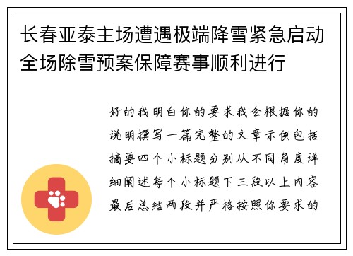 长春亚泰主场遭遇极端降雪紧急启动全场除雪预案保障赛事顺利进行